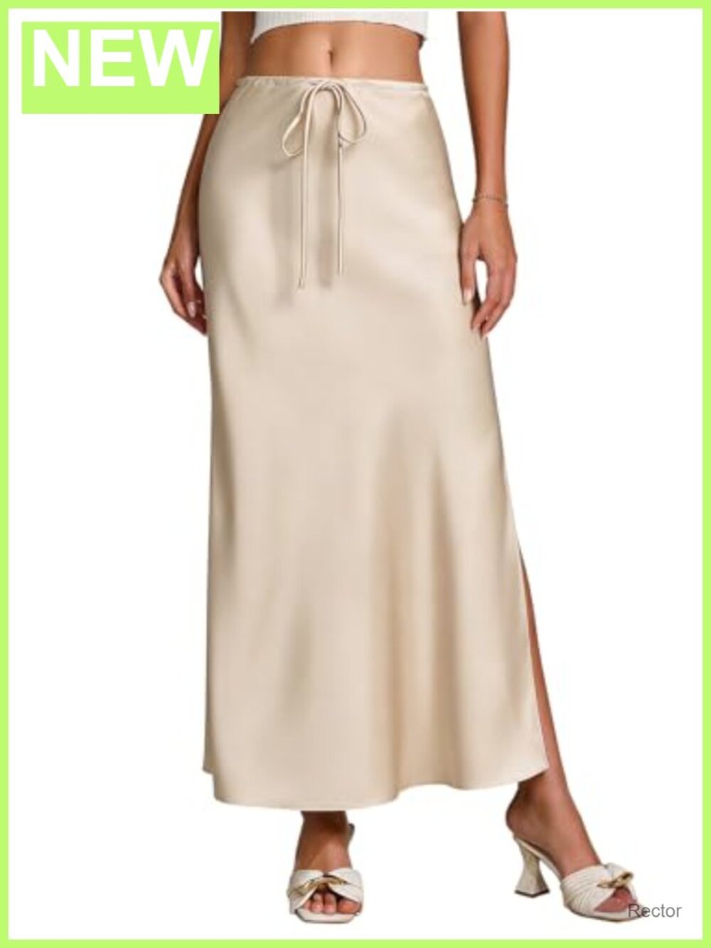 Satin Silk Maxi Skirt with Slit Drawstring Flared A-Line Ankle-Length